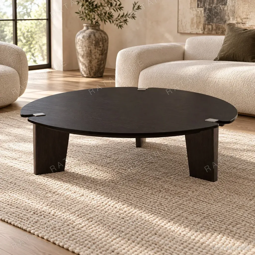 Round Black Veneer Coffee Table on Angled Solid Wood Legs in black — in a room setting