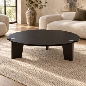 Round Black Veneer Coffee Table on Angled Solid Wood Legs in black — in a room setting