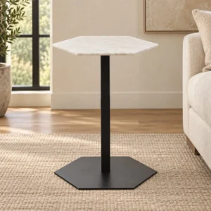 Hexagonal White Marble Side Table on Black Metal Base, 39 cm in ivory — front view
