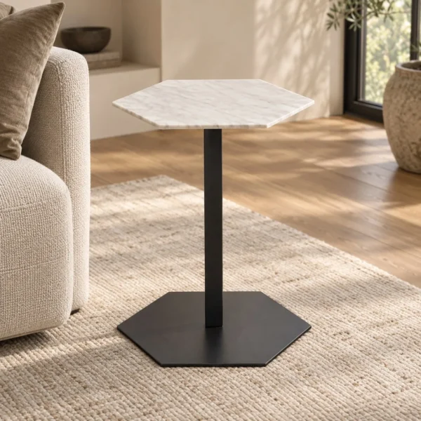 Hexagonal White Marble Side Table on Black Metal Base, 39 cm in ivory — in a room setting