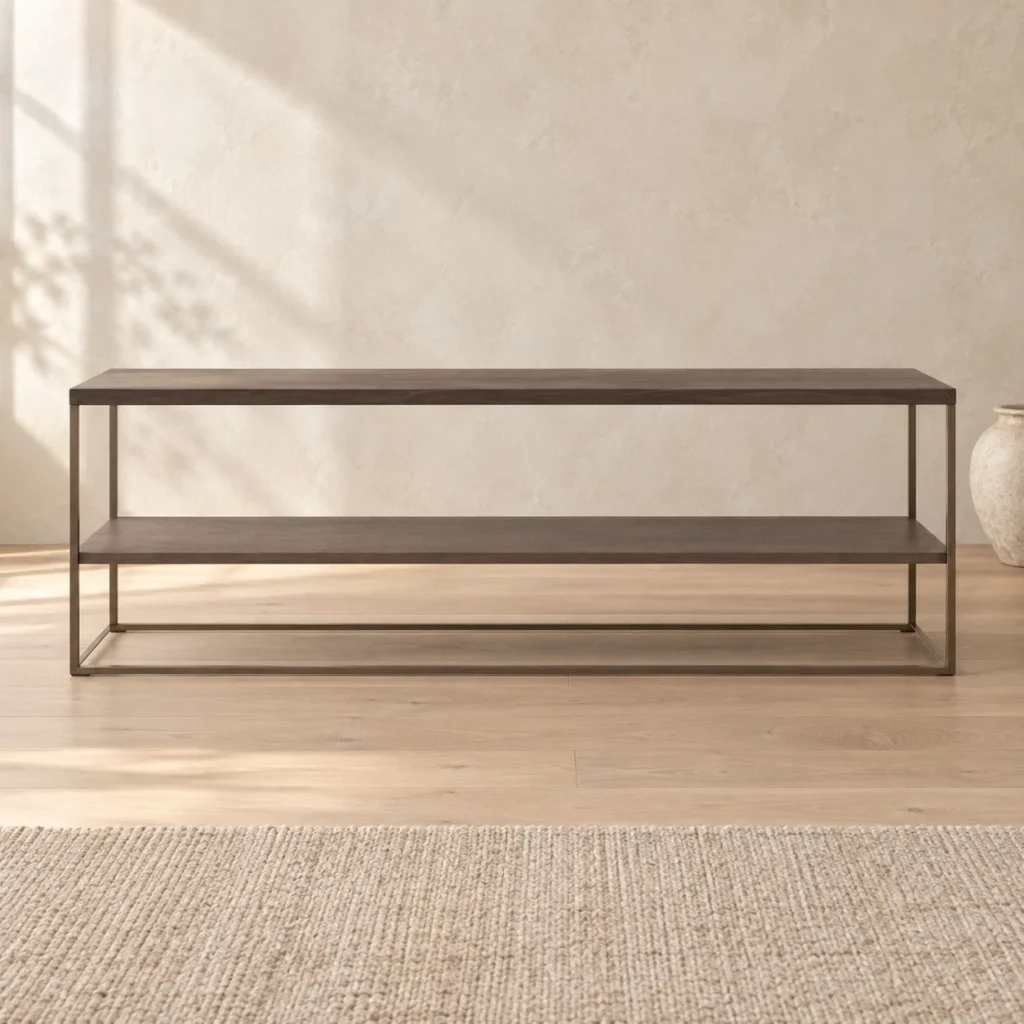 Low Two-Tier Wood Veneer Console in clay — front view