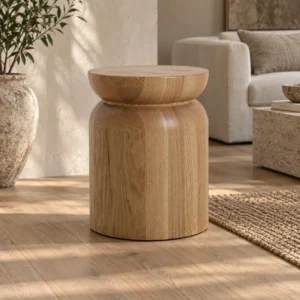 Solid White Oak Drum Side Table, 30 cm in natural oak — front view
