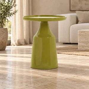 Glossy Olive Resin Bottle Side Table with Tray Top, 45 cm in olive — in a room setting
