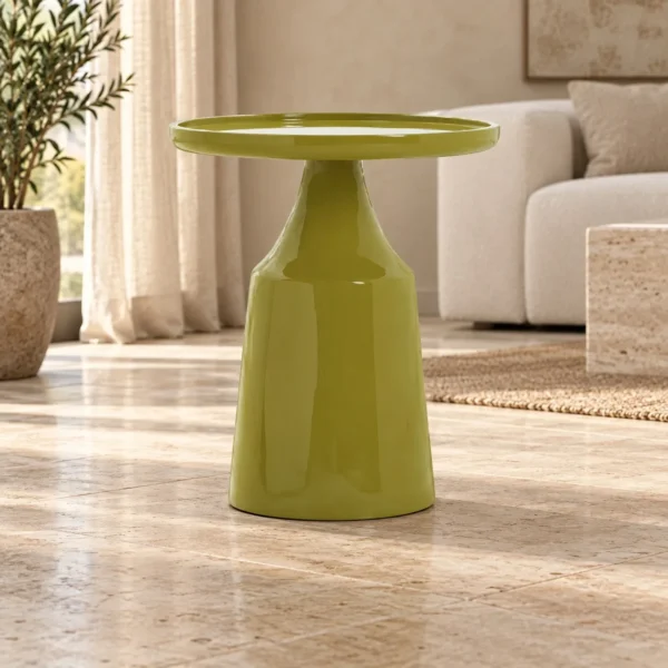 Glossy Olive Resin Bottle Side Table with Tray Top, 45 cm in olive — in a room setting