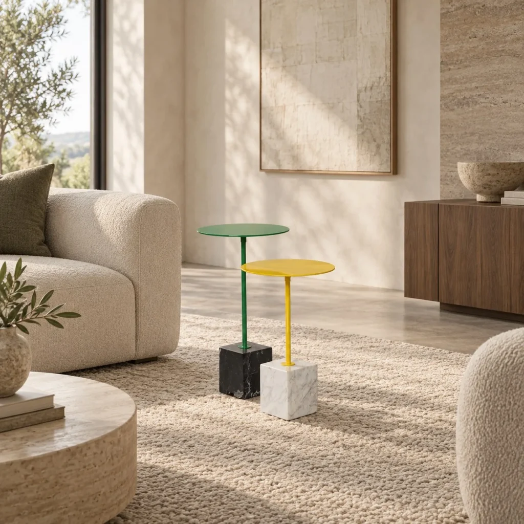 Eddal Slim Rod Side Table with Marble Cube Base in olive — front view