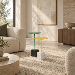 Eddal Slim Rod Side Table with Marble Cube Base in olive — front view
