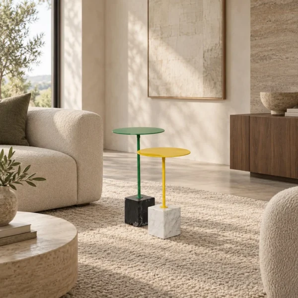 Eddal Slim Rod Side Table with Marble Cube Base in olive — in a room setting