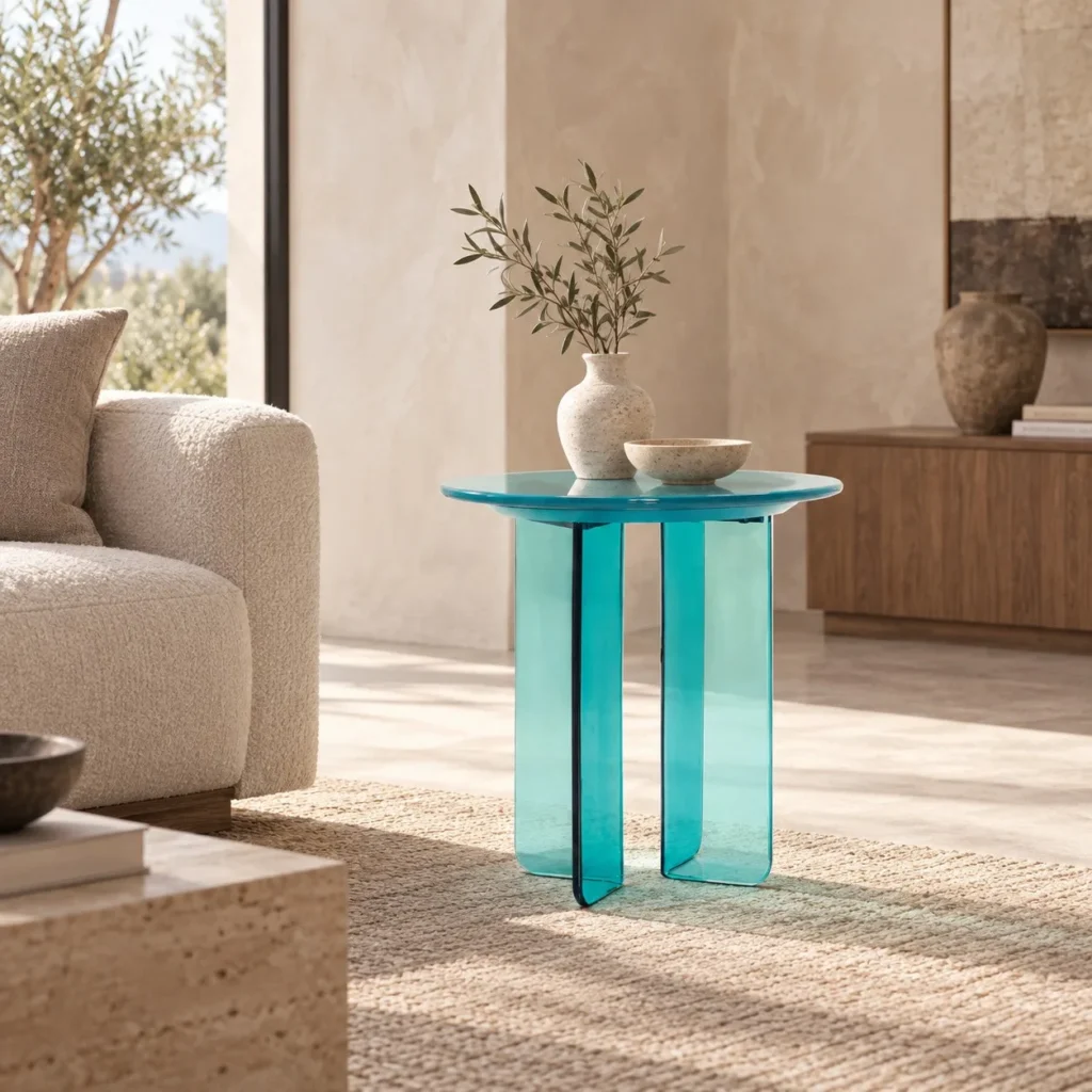 Shuangque Turquoise Glass Side Table on Paired V Supports in blue — in a room setting