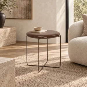 Taoyao Petite Round Side Table on Crossed Metal Frame in clay — front view