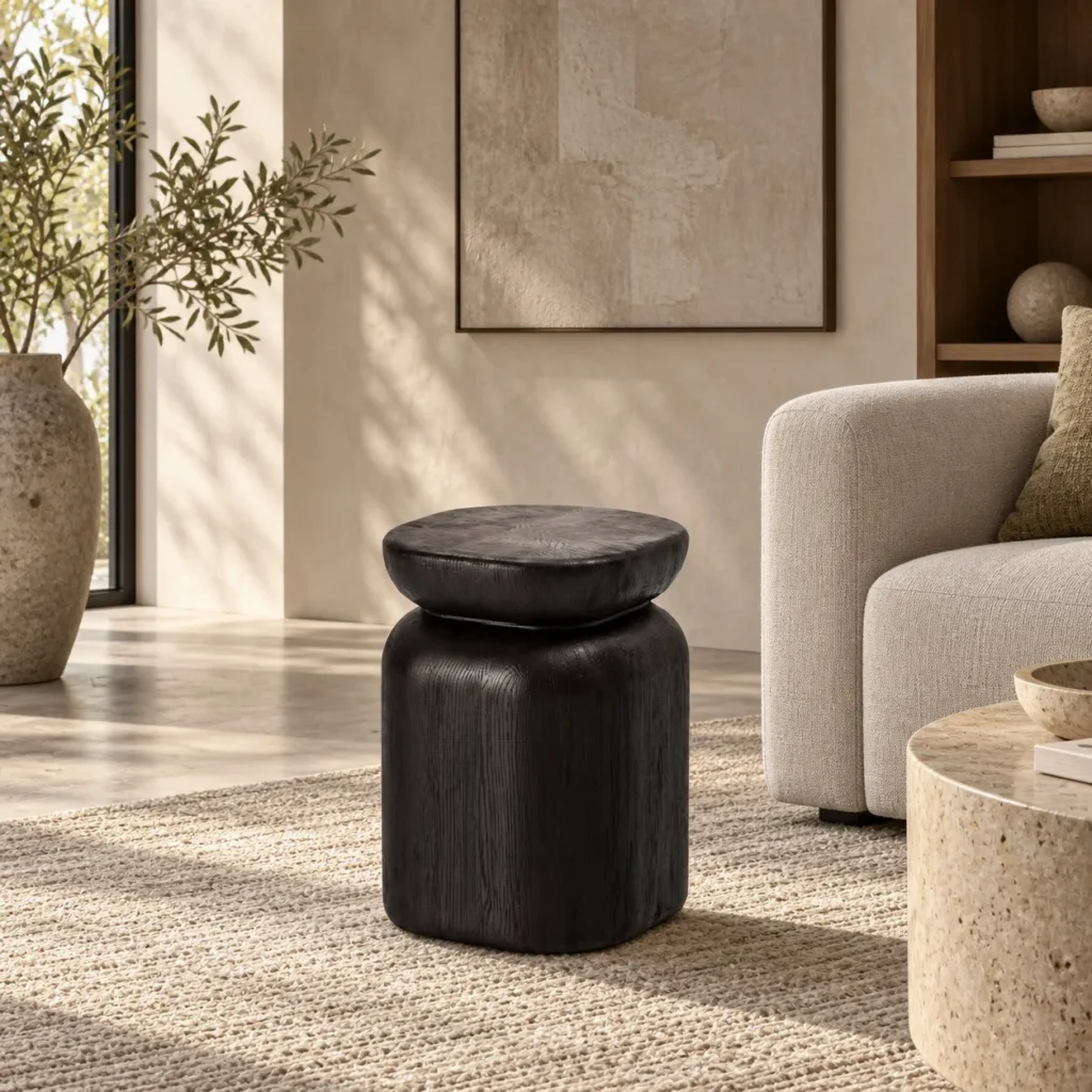 Zenko Black Vessel-Shaped Side Table in black — in a room setting