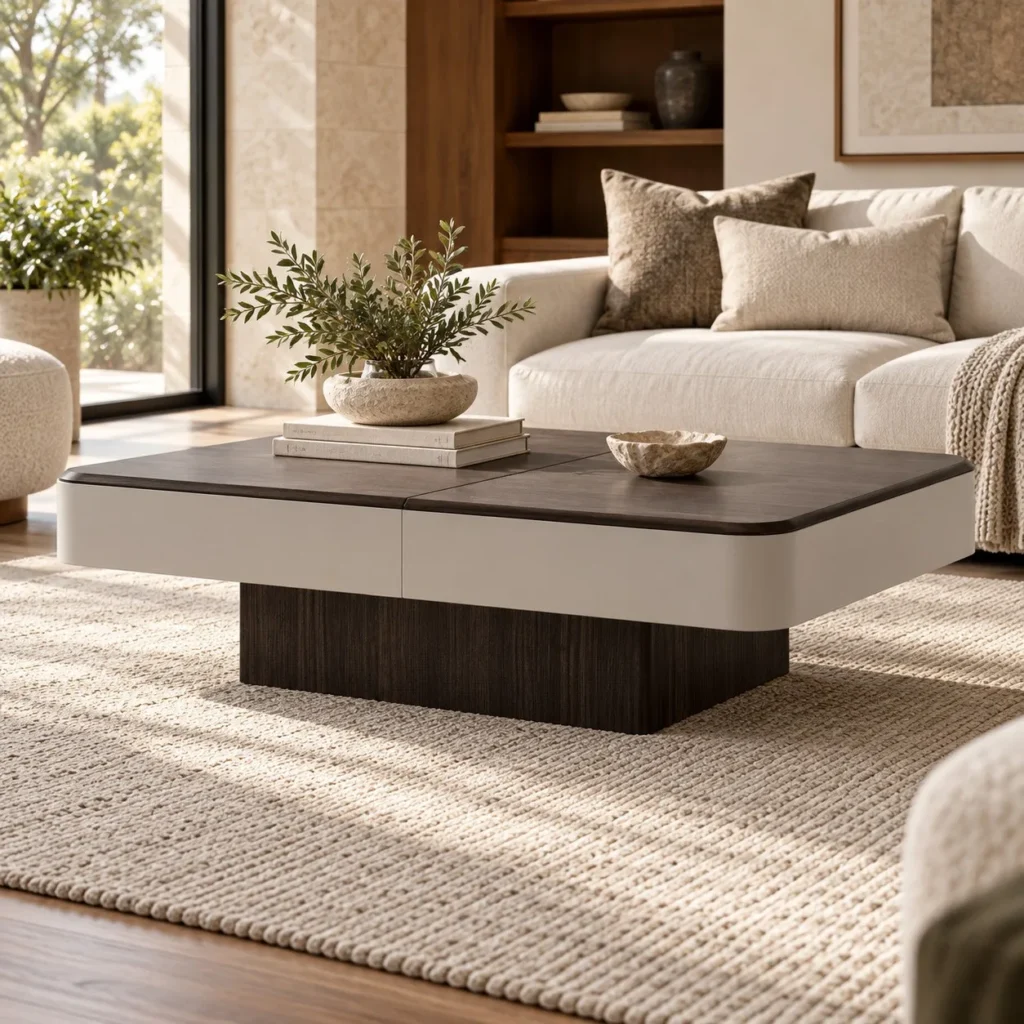 Two-Tone Veneer Coffee Table with Storage on Plinth Base in clay — front view