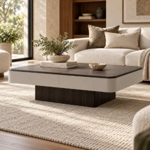 Two-Tone Veneer Coffee Table with Storage on Plinth Base in clay — front view
