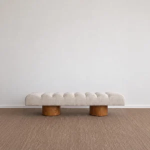 Silent Garden Tufted Fabric Bench on Cylinder Wood Legs in oatmeal — front view