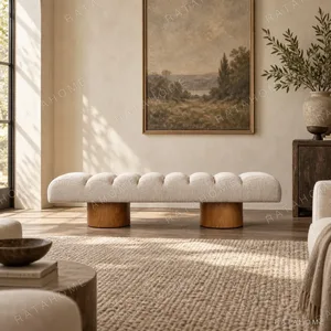 Silent Garden Tufted Fabric Bench on Cylinder Wood Legs in oatmeal — in a room setting
