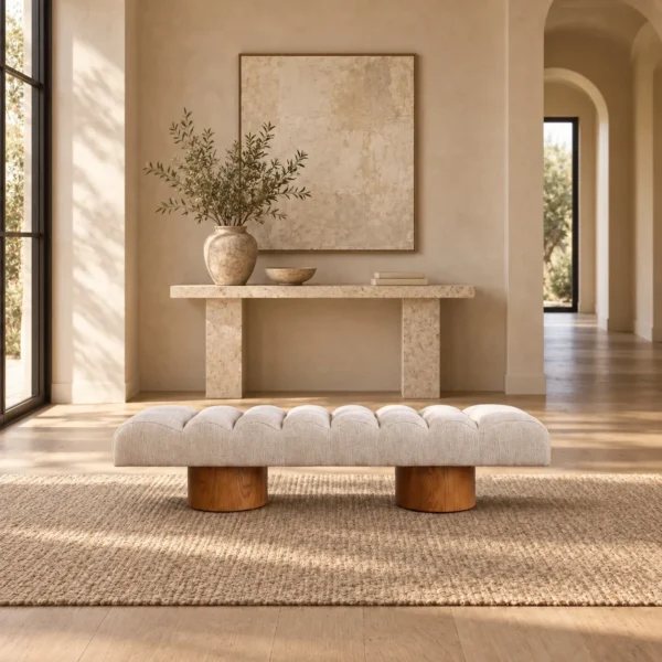 Silent Garden Tufted Fabric Bench on Cylinder Wood Legs in oatmeal — in a room setting