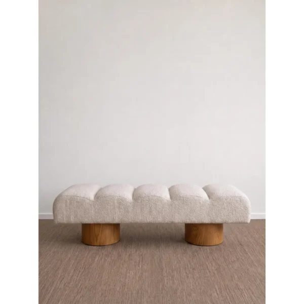 Silent Garden Tufted Fabric Bench on Cylinder Wood Legs in oatmeal — in a room setting
