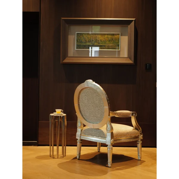 Silver Leaf Hand-Carved Oval-Back Armchair in Animal Print — in a room setting