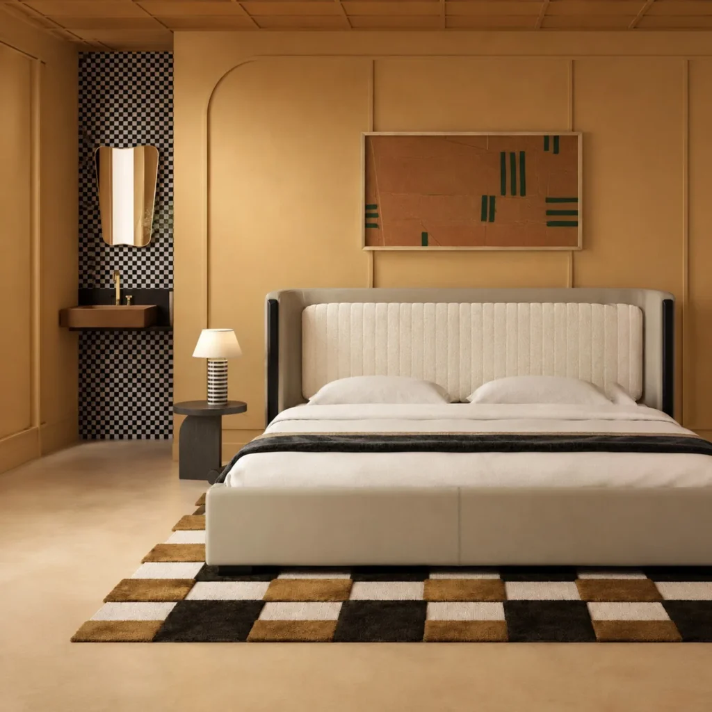 Channel-Tufted Wingback Bed with Black Trim in sand — front view