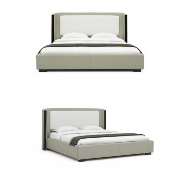 Channel-Tufted Wingback Bed with Black Trim in sand — in a room setting