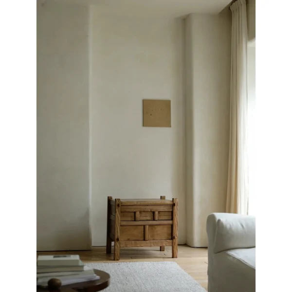 Weathered Wood Small Cabinet with Stepped-Pull Drawers in natural oak — in a room setting