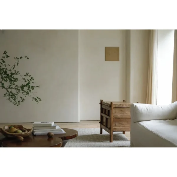 Weathered Wood Small Cabinet with Stepped-Pull Drawers in natural oak — in a room setting