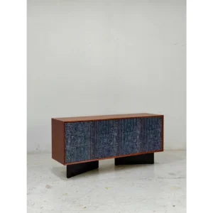 Ash and Burl Veneer Sideboard with Geometric Pattern Doors in clay — in a room setting