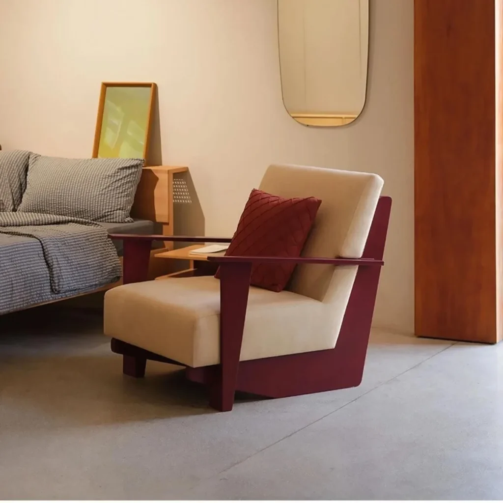 Oak and Teak Frame Armchair in burgundy — front view