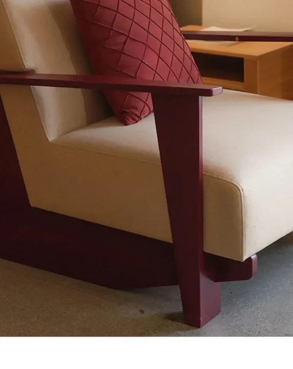 Oak and Teak Frame Armchair in burgundy — detail