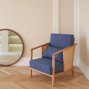 Solid Wood Armchair with Cane Sides in Blue Fabric — front view
