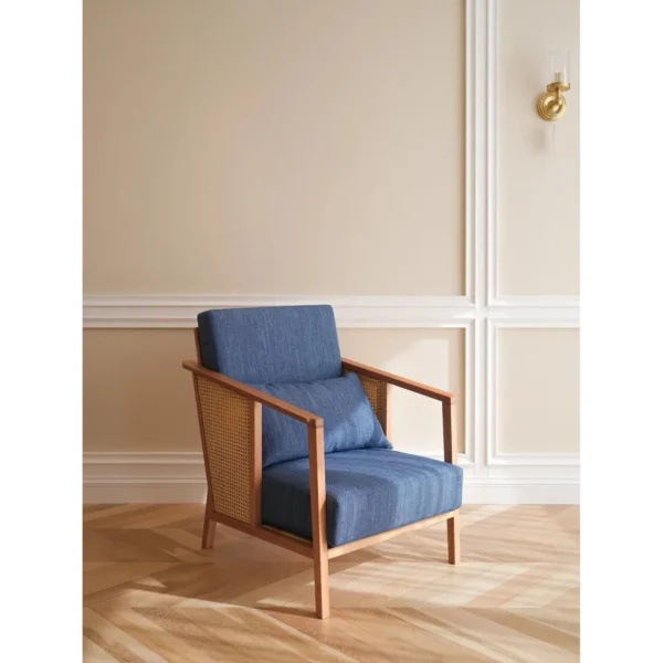Solid Wood Armchair with Cane Sides in Blue Fabric — in a room setting