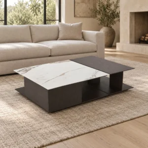 Two-Piece Sintered Stone and Veneer Coffee Table Set in ivory — front view