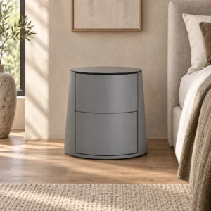 Grey Lacquer Round Side Table with Sintered Stone Top in slate — front view