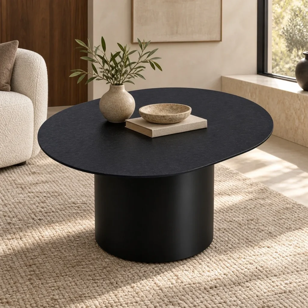 Black Oval Coffee Table on Cylinder Base in black — front view