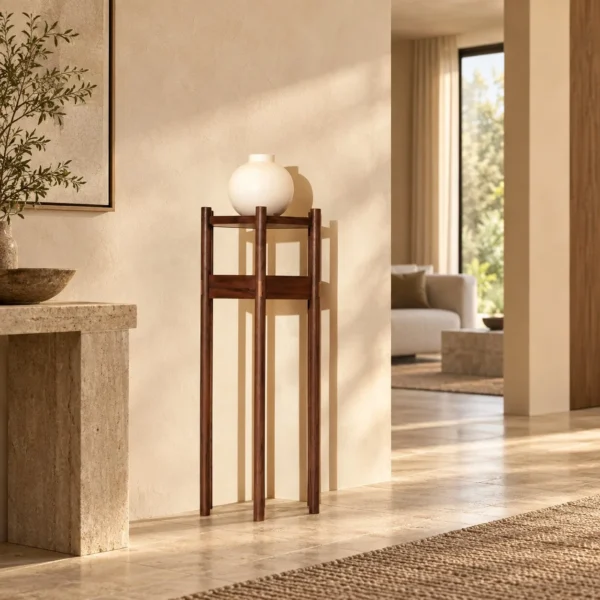 Six Seasons Walnut Plant Stand with Ring Tray, 100 cm in walnut — in a room setting