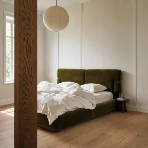 Sloane Olive Velvet Bed in olive — front view