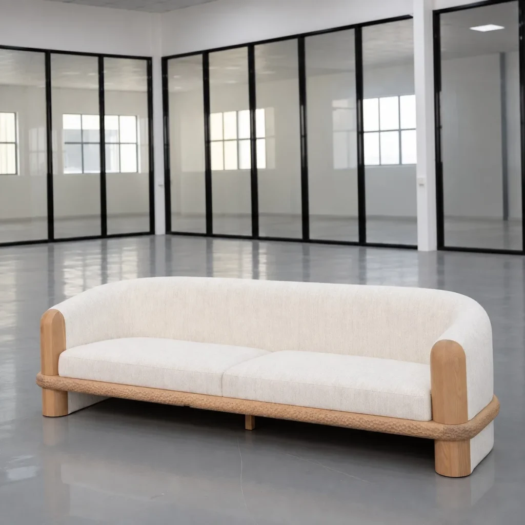 Small-Space Sofa in Cream Wool Linen with Carved Wood Frame — front view