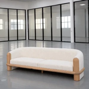 Small-Space Sofa in Cream Wool Linen with Carved Wood Frame — front view