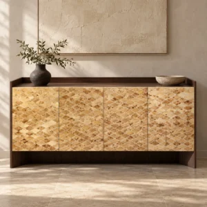 Gold Leaf Mosaic Front Sideboard with Dark Wood Frame in brushed brass — in a room setting