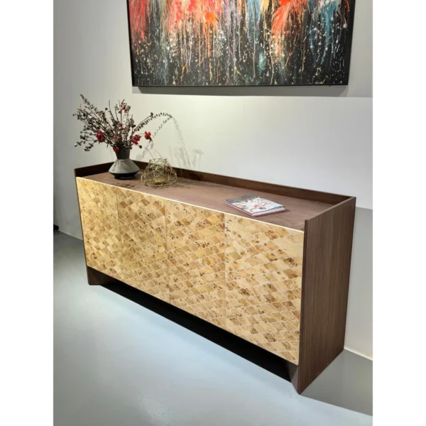 Gold Leaf Mosaic Front Sideboard with Dark Wood Frame in brushed brass — in a room setting