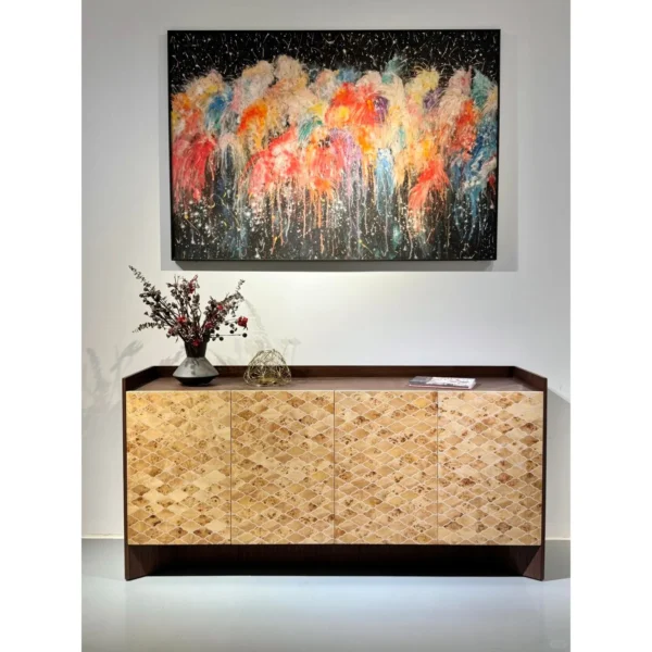Gold Leaf Mosaic Front Sideboard with Dark Wood Frame in brushed brass — in a room setting
