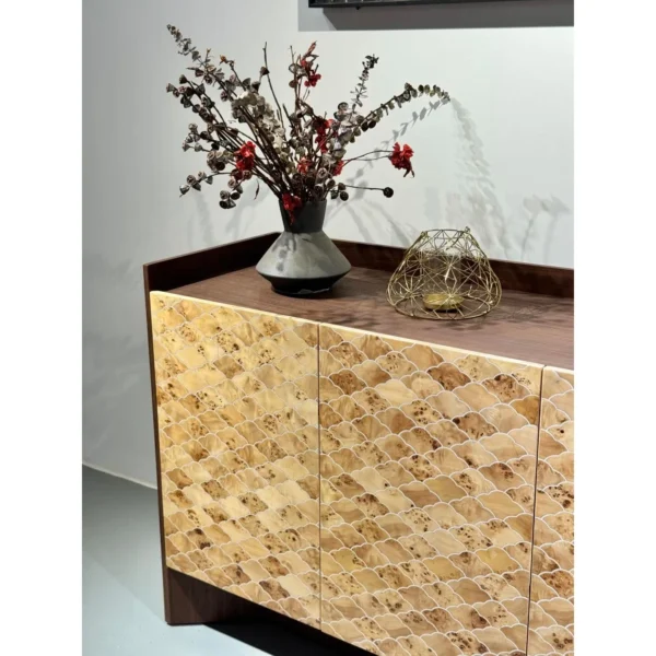 Gold Leaf Mosaic Front Sideboard with Dark Wood Frame in brushed brass — in a room setting