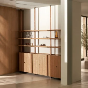 Floor-to-Ceiling Oak Shelving Unit in natural oak — front view