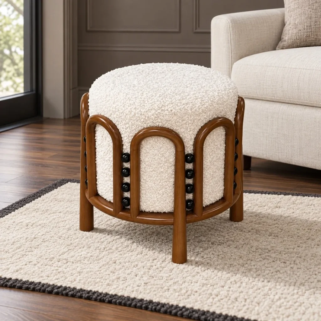 Bent Rattan Low Stool with Cream Bouclé Seat and Beads in clay — front view