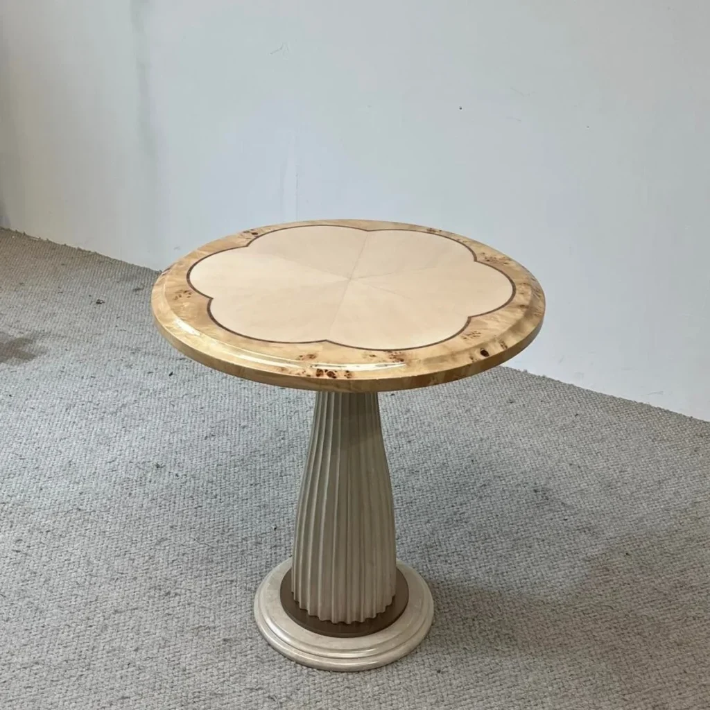 Scalloped Round Side Table on Fluted Cream Pedestal in oatmeal — front view