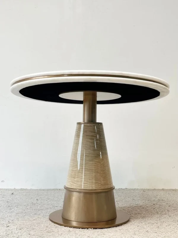 White Stone Round Table on Textured Brass Cone Base in ivory — detail