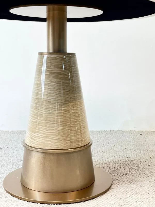 White Stone Round Table on Textured Brass Cone Base in ivory — detail