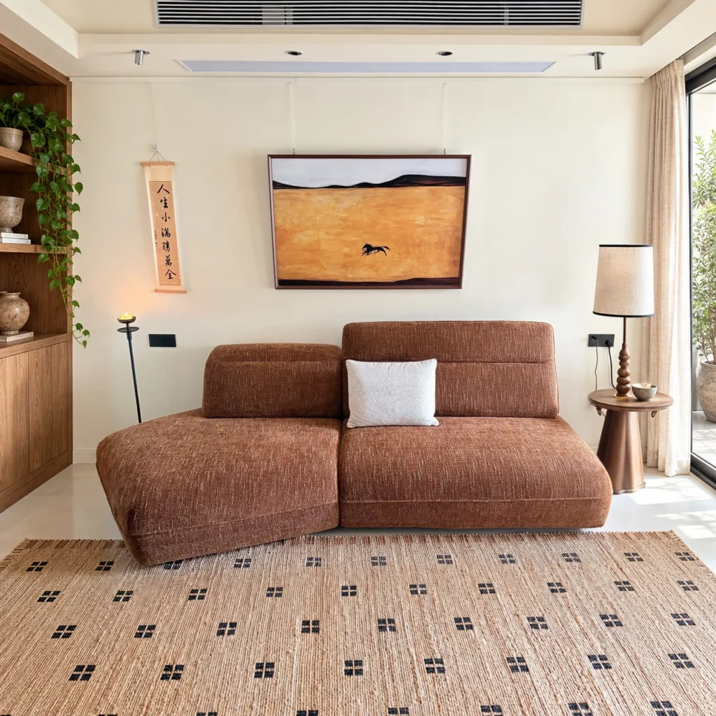 Small Space Irregular Sofa in linen blend — front view