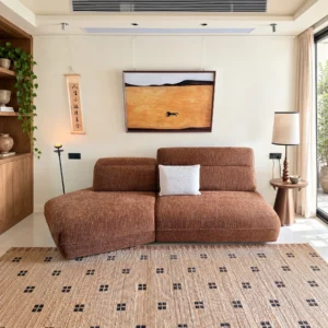 Small Space Irregular Sofa in linen blend — front view