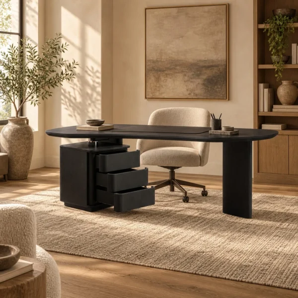 Smoked Black Ash Curved Desk in black — in a room setting
