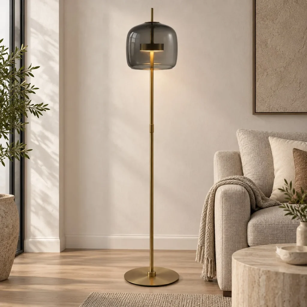 Smoked Glass Bell Floor Lamp on Brass Stem in slate — front view